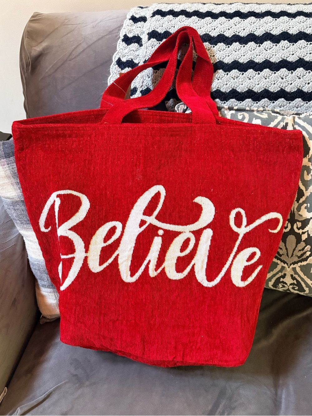 Red Chenille 'Believe' Tote Bag - Casual Everyday Carry